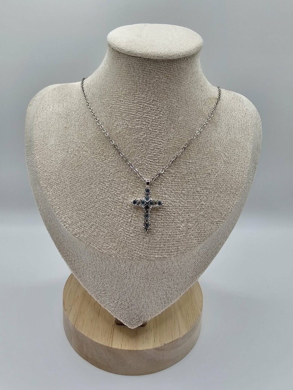 Cross Necklace Silver-toned with Blue And White Gem Stones -